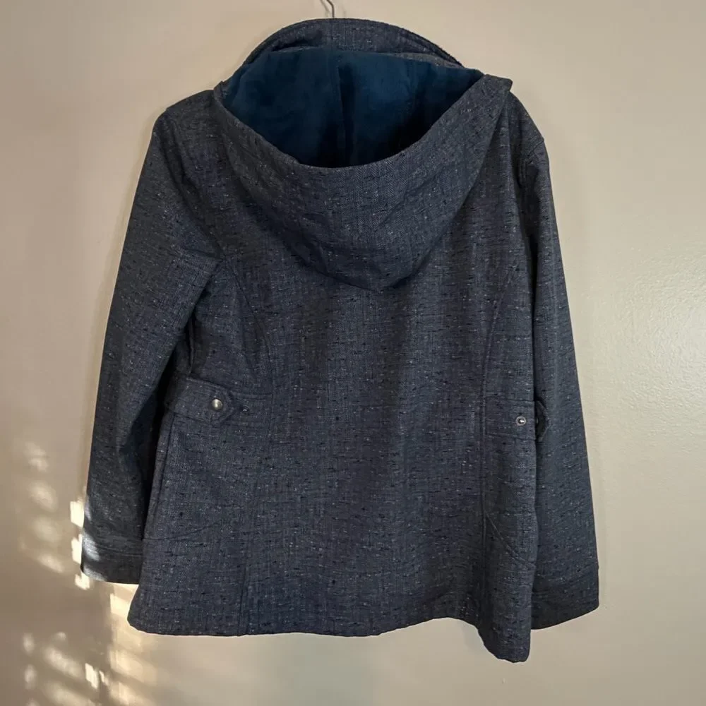 Free Country Coat Soft Shell Denim Look Size Large Blue Faux Fur Detachable Hood
